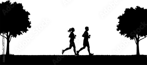 Couple jogging in park outdoor silhouette