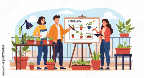 Three People Discussing Plants and Gardening.