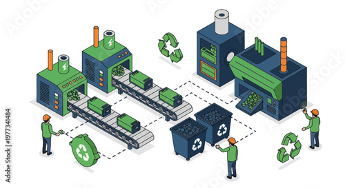 Isometric illustration of a recycling and manufacturing process with workers.