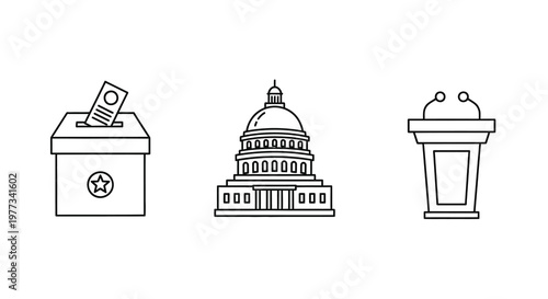 Voting box capitol building and podium in a linear silhouette