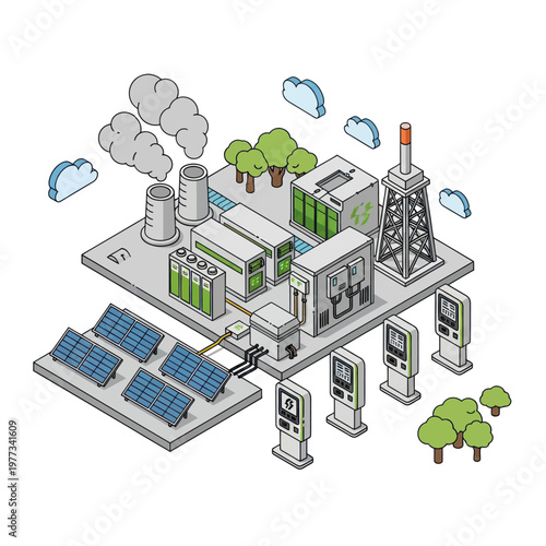 Isometric illustration of a sustainable energy power plant with solar panels and charging stations.