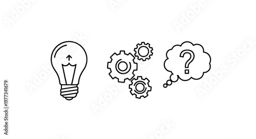 Idea generation with lightbulb gears and a question mark silhouette