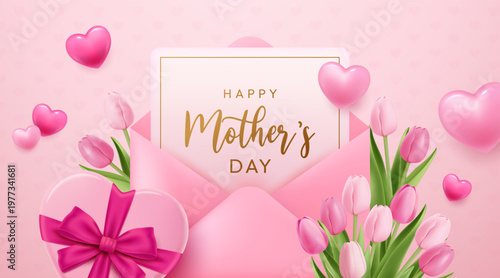 Mother’s Day Background with Gift Box Tulips and Heart Balloon