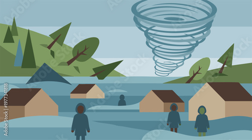 Tornado and flood natural disaster scene with submerged houses and people