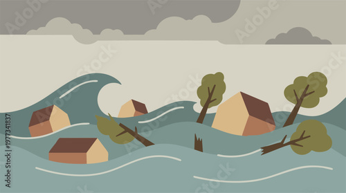 Illustration of houses and trees submerged in floodwaters during a disaster