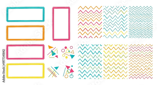 Seamless geometric patterns and colorful abstract shapes in vector format, ideal for backgrounds and design elements