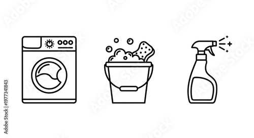Line art icons depicting laundry bubbles and cleaning spray silhouette