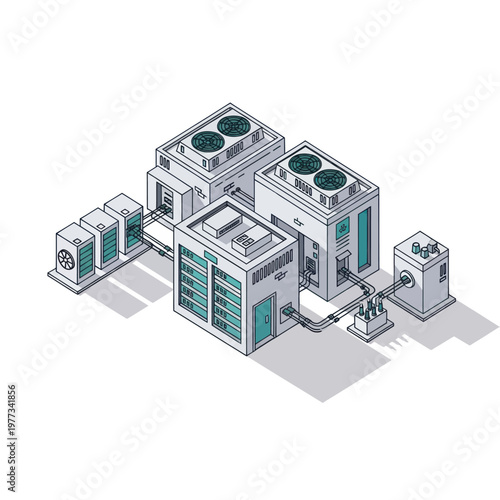 Isometric illustration of industrial HVAC units and cooling systems.
