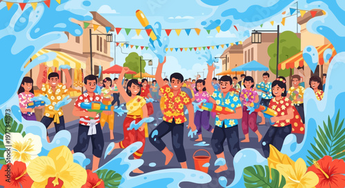 Vibrant Songkran Festival Celebration, Joyful Thai Water Fight, Colorful Street