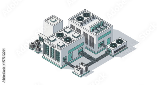 Isometric Industrial Building with HVAC Systems and Cooling Units.