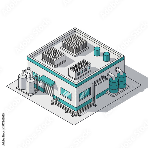 Isometric Industrial Building with Modern Architecture and Production Facilities.