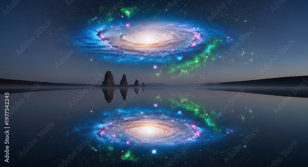 Naklejka premium A cosmic reflection showing a galaxy above water with rock formations in the distance at dusk time