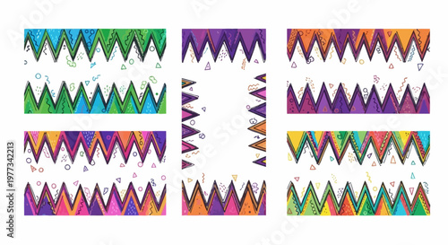 Vibrant geometric zig-zag pattern vector designs with confetti accents for creative applications