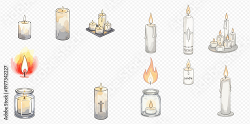 Collection of various burning candles, including pillar candles, tea lights, and jar candles, with flickering flames, isolated on a transparent background.