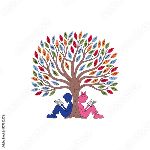 Children reading books together under nature, colorful educational vector illustration promoting learning and imagination. 