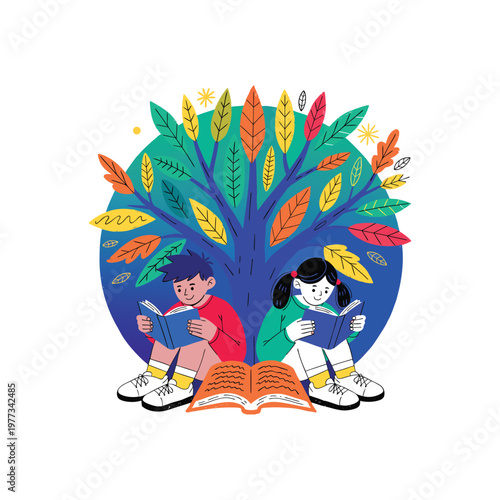 Children reading books together under nature, colorful educational vector illustration promoting learning and imagination. 