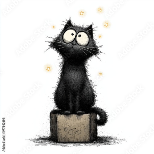 Quirky cartoon cat pops out of a whimsical jack-in-the-box, bringing magic and fun to a delightful scene in a playful setting