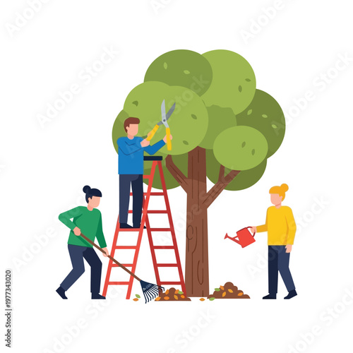 People pruning tree with ladder and tools in flat colorful illustration for gardening