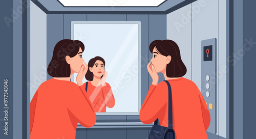 Woman Looking at Reflection in Elevator Mirror.