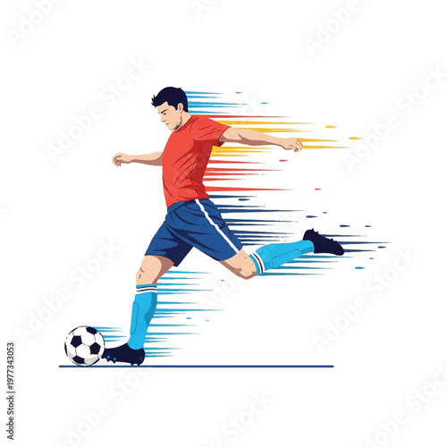 A minimalist side view of a soccer player's legs mid-kick with a trailing motion effect in primary colors, energetic and fast-paced mood, clean white negative space, flat vector illustration,