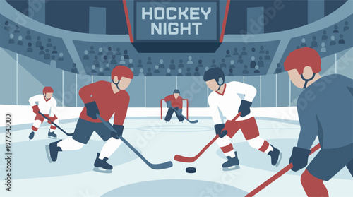 Flat design illustration of an ice hockey game with players and crowd