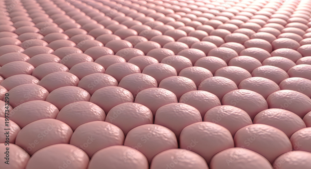 Fototapeta premium Closeup view of numerous small pink spheres arranged in rows on a surface