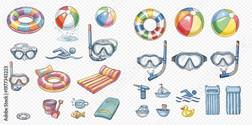 Collection of colorful summer swimming and beach accessories, including inflatable rings, beach balls, snorkeling gear, and pool floats.