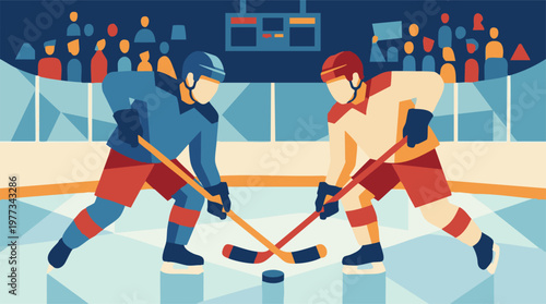 Ice Hockey Face-off: Two Players on Rink with Spectators in Flat Style.