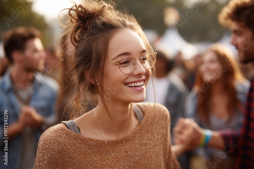 Joyful young woman enjoying a lively outdoor festival with friends on a sunny day in a vibrant crowd