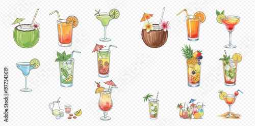 Watercolor collection of various refreshing summer cocktails and tropical drinks with garnishes and umbrellas.