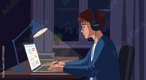 Woman Working Late Night on Laptop Computer.