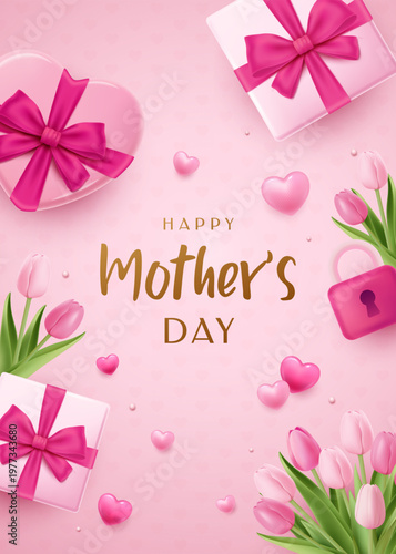 Mother’s Day Poster with Gift Boxes Tulips and Romantic Pink Theme