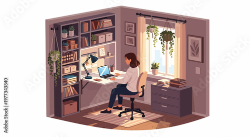 Woman Working on Laptop at Desk.
