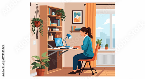 Woman Working on Laptop at Desk.