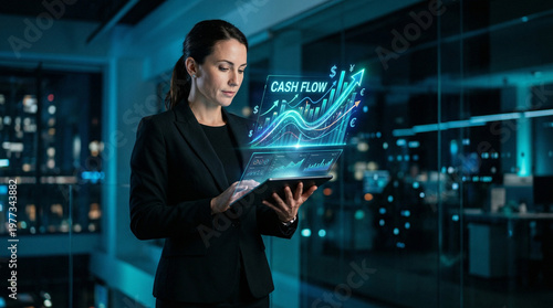 High level planning financial analyst with tablet and cash flow chart in modern office