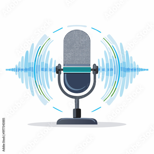 Vintage condenser microphone with blue sound waves for podcasting and radio broadcasting