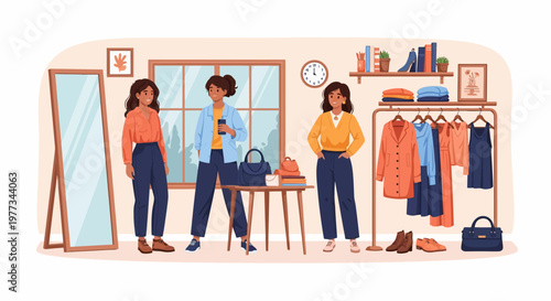 Women Standing in Fashionable Clothing Store.