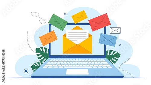Email, communication, laptop, colorful, illustration, online messaging, digital correspondence