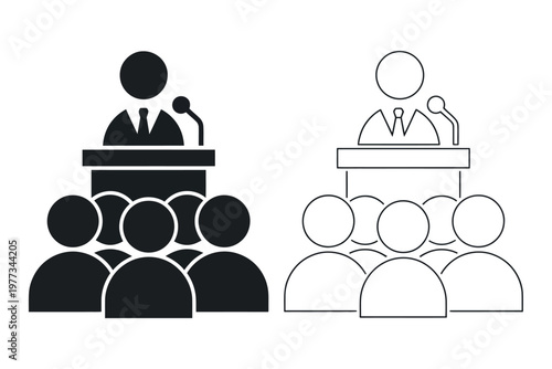 Presentation icon vector illustration featuring a spokesman giving a talk for business, seminar, training, or public speaking interface design