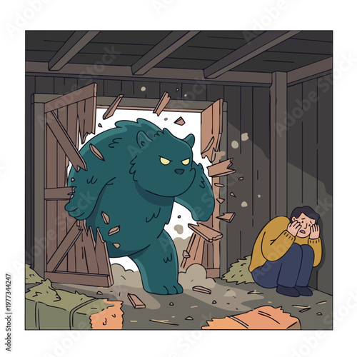 Fearsome green monster breaks into a barn.