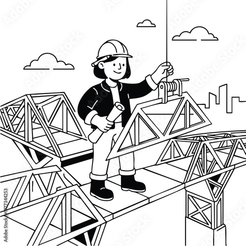 Female engineer supervising bridge construction project with blueprints.