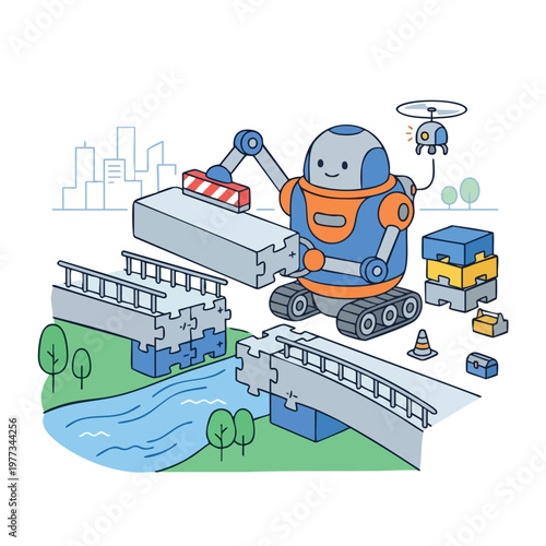 Friendly robot constructing a bridge with building blocks.
