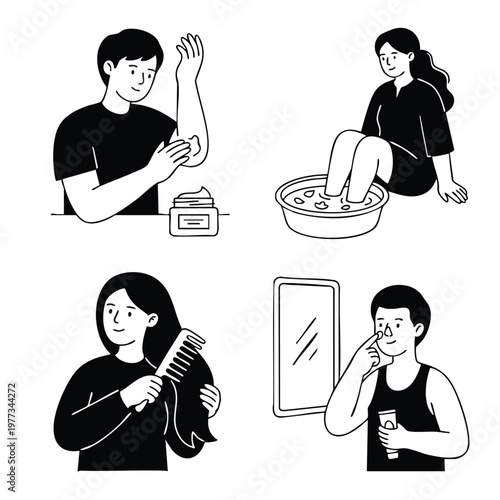 Four people performing personal hygiene and self care routines.
