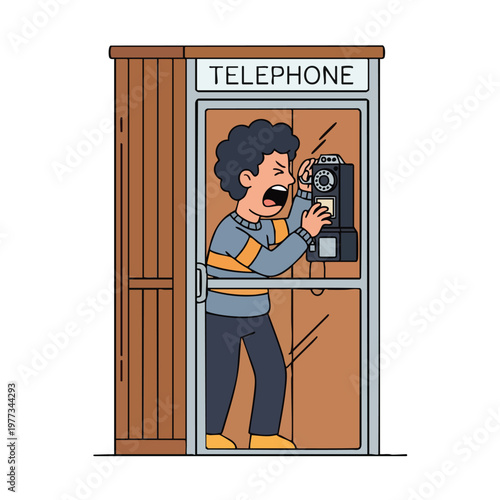 Frustrated man yelling at old payphone inside booth.