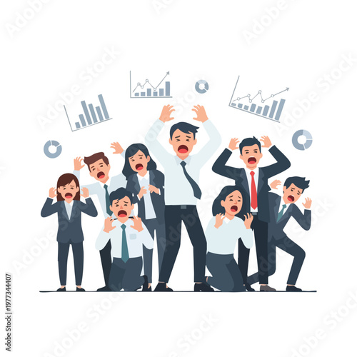Group of business people expressing extreme panic and distress.