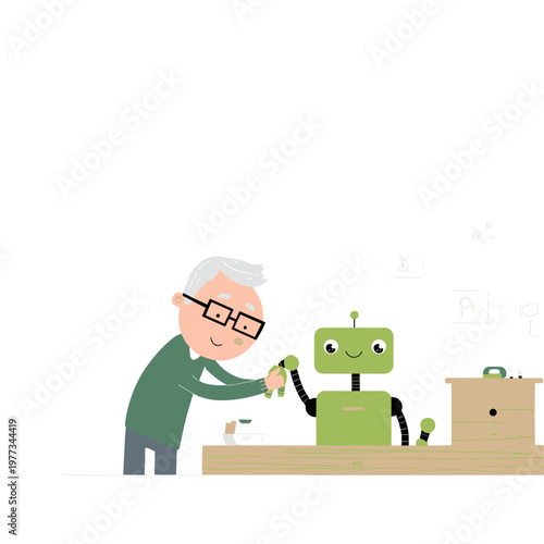Engineer Adjusting Smiling Cobot in Warm Workshop Scene