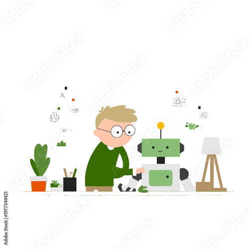 Engineer Adjusting Smiling Cobot in Warm Workshop Scene