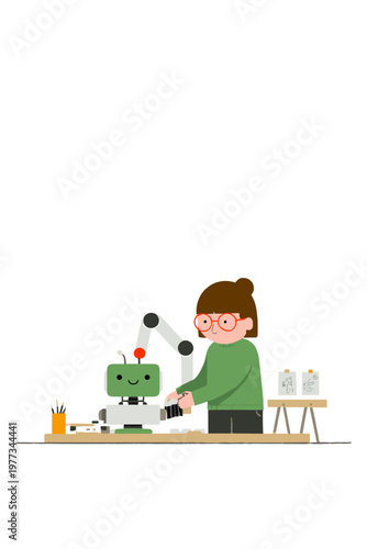 Engineer Adjusting Smiling Cobot in Warm Workshop Scene