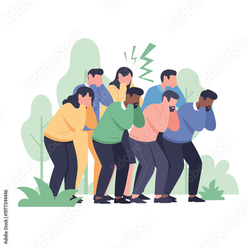 Group of people covering eyes in fear and distress.