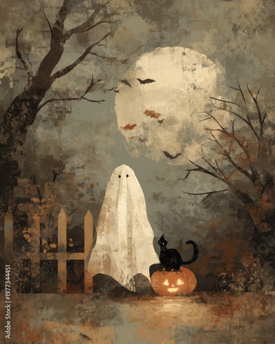 Ghostly night in the pumpkin patch with a curious cat under the full moon glow